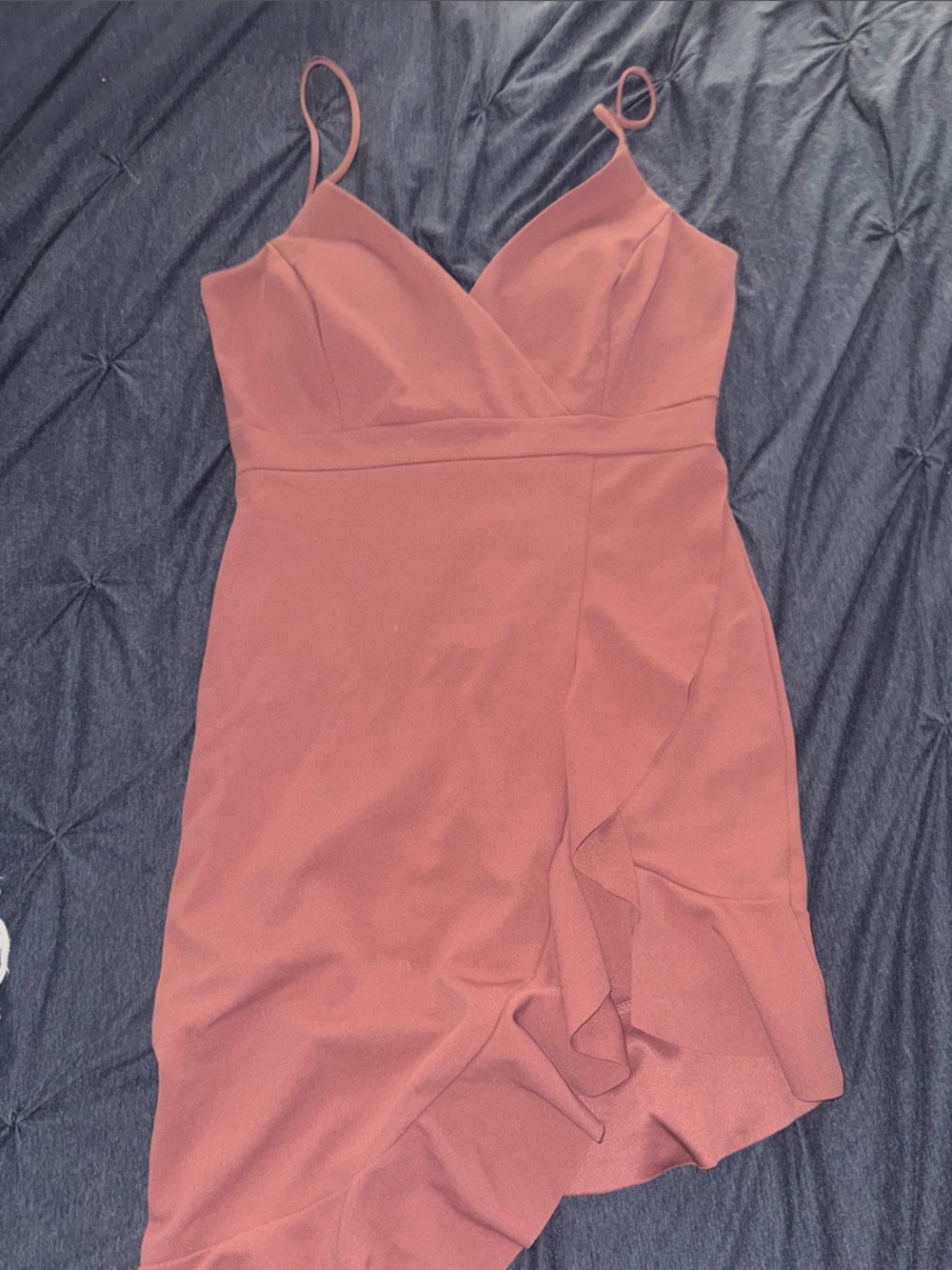 Spaghetti-Strap Asymmetrical Ruffle Dress in Dusty Rose